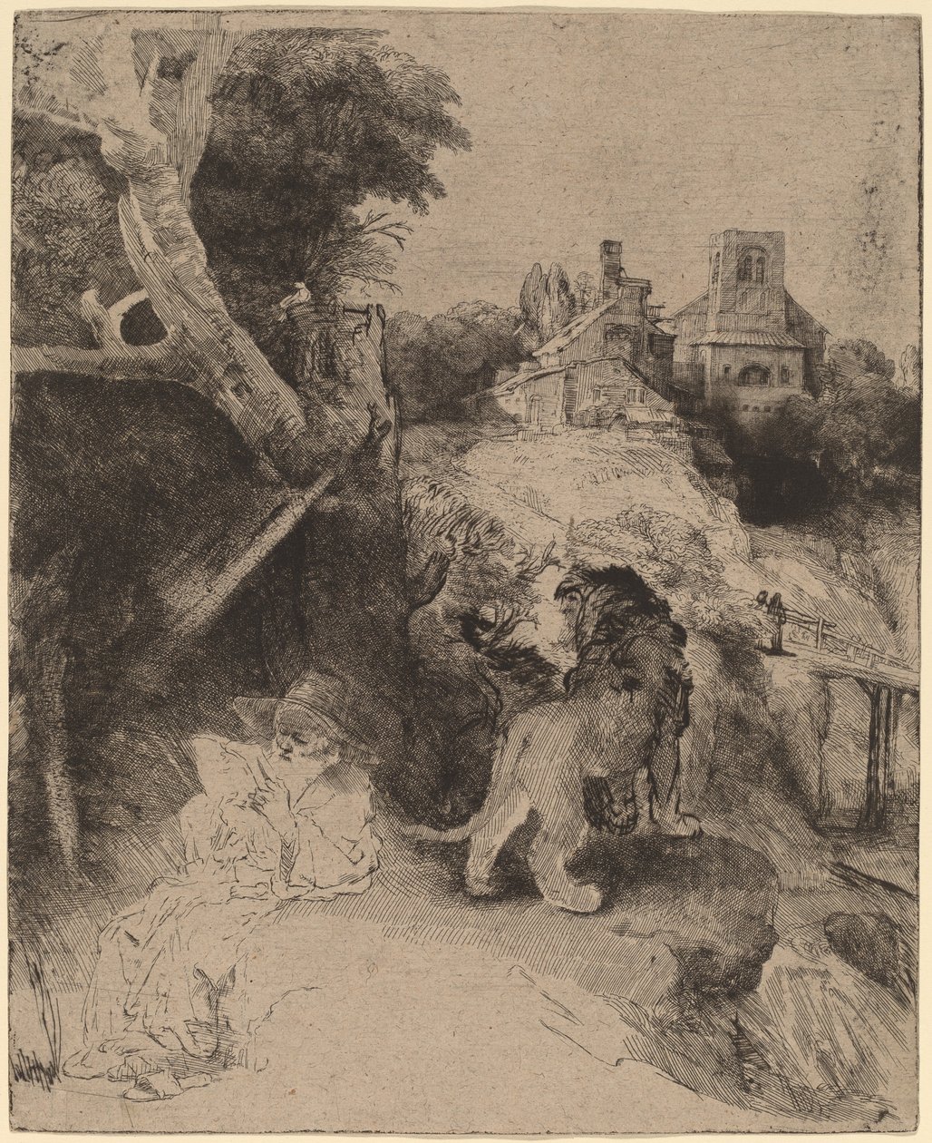 Święty Hieronim czytanie we włoskim krajobrazie autorstwa Rembrandt van Rijn