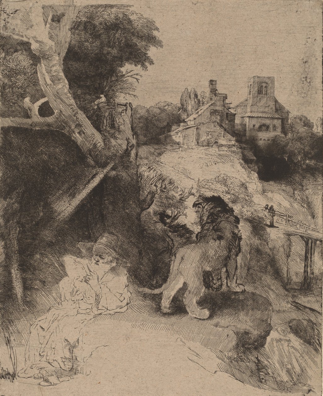 Św. Hieronim czytanie w pejzażu włoskim, c. 1653. autorstwa Rembrandt van Rijn