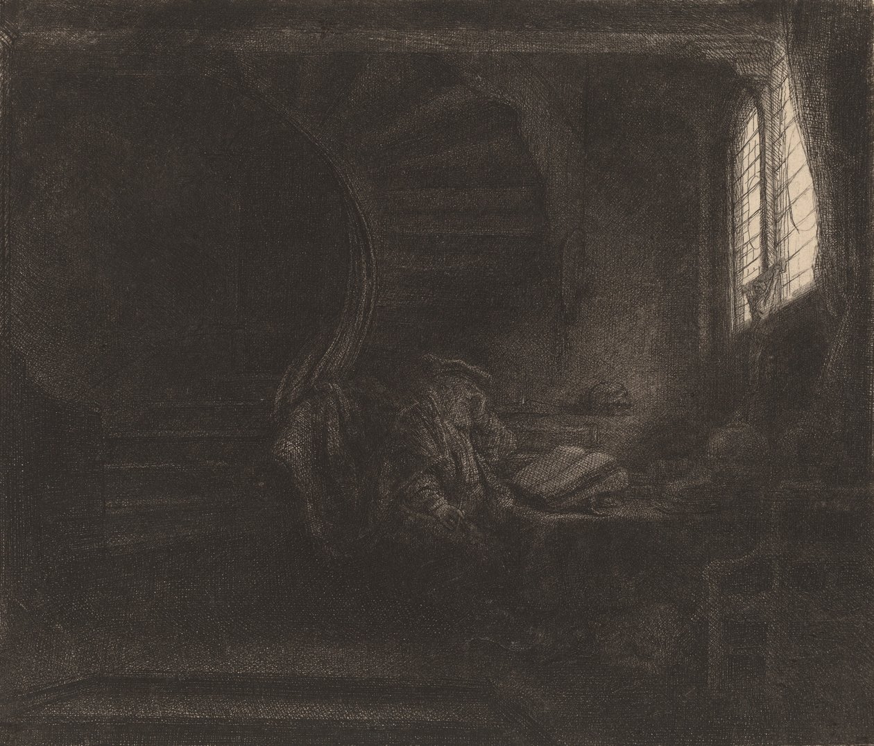 Święty Hieronim w Ciemnej Komnacie, 1642. autorstwa Rembrandt van Rijn