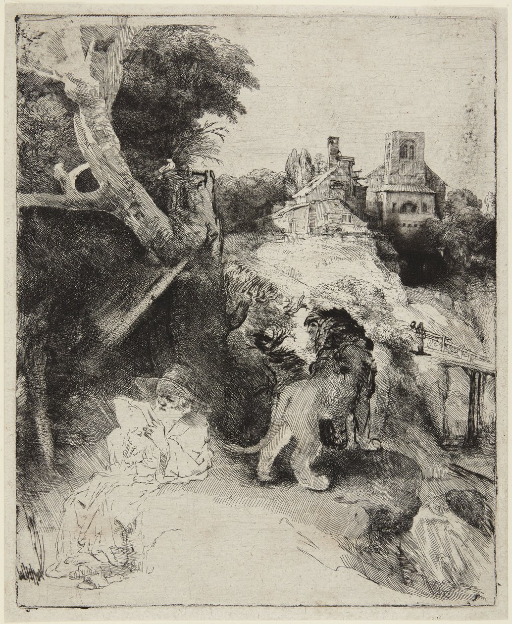Święty Hieronim na tle włoskiego pejzażu autorstwa Rembrandt van Rijn