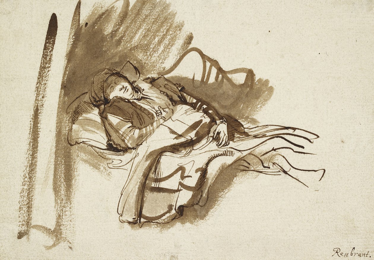 Saskia śpi w Łóżku (pióro i brązowy atrament) autorstwa Rembrandt van Rijn