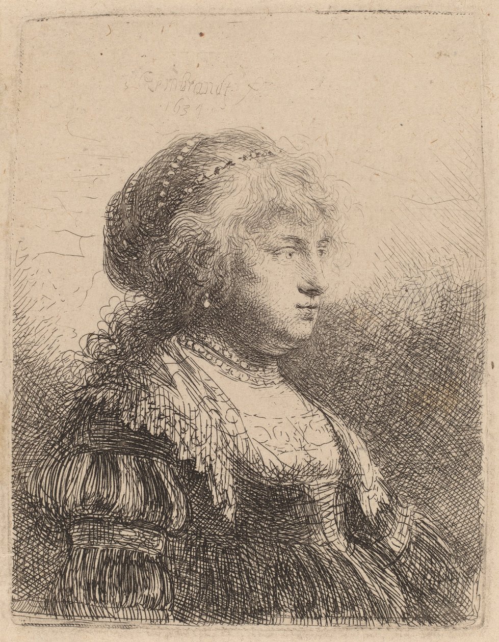 Saskia z perłami we włosach, 1634 autorstwa Rembrandt van Rijn