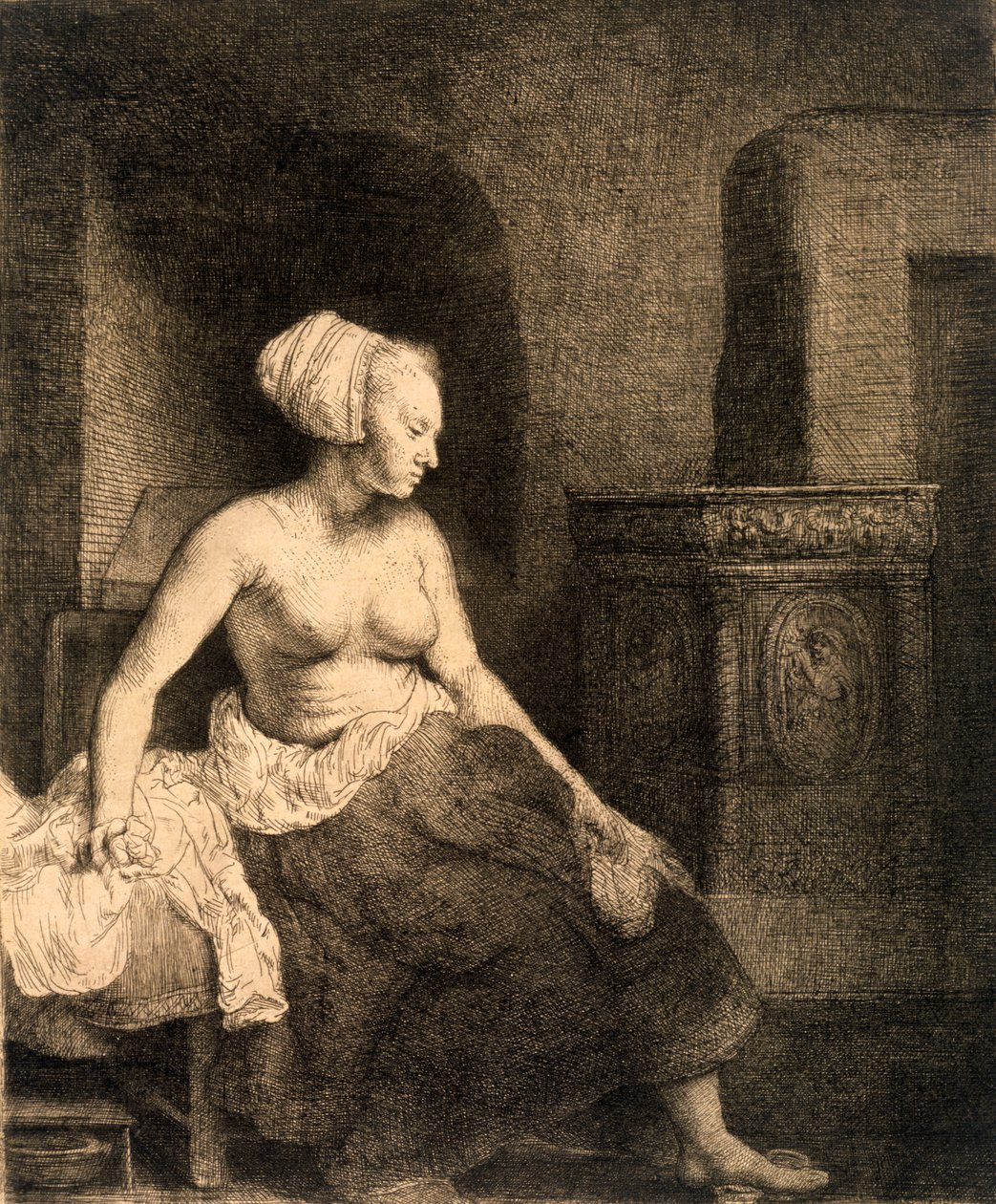 Akt kobiecy w pozycji siedzącej, 1658 autorstwa Rembrandt van Rijn