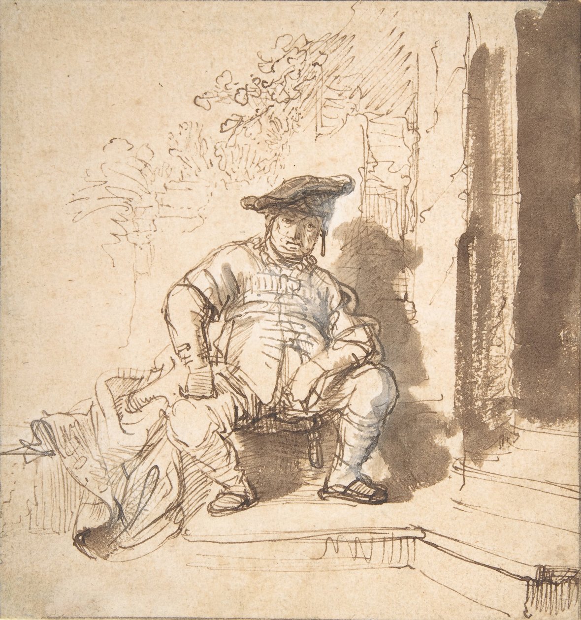 Siedzący mężczyzna w kaszkiecie, 1635-40. autorstwa Rembrandt van Rijn