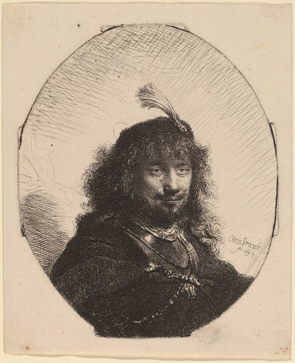 Autoportret (?) z czapką z piórem i opuszczoną szablą autorstwa Rembrandt van Rijn