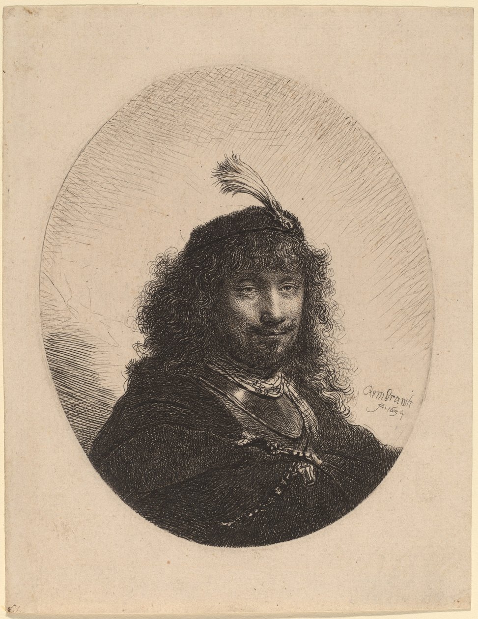 Autoportret (?) z czapką z piórem i opuszczoną szablą autorstwa Rembrandt van Rijn