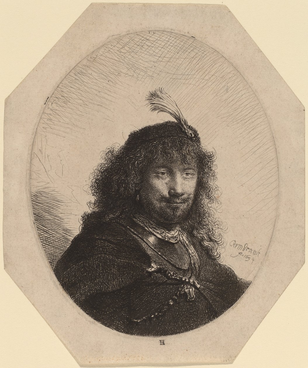 Autoportret (?) z czapką z piórem i opuszczoną szablą autorstwa Rembrandt van Rijn