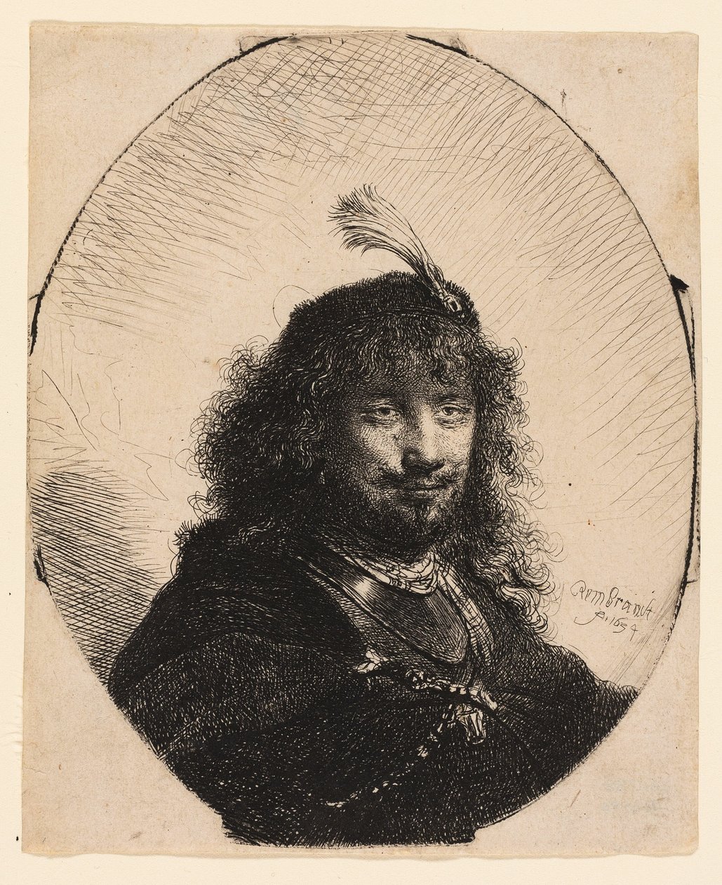 Autoportret (?) z czapką z piórem i opuszczoną szablą autorstwa Rembrandt van Rijn