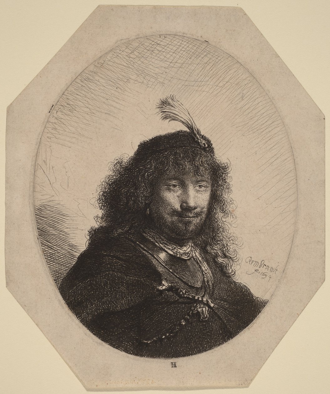 Autoportret () w czapce z piórami i z opuszczoną szablą autorstwa Rembrandt van Rijn