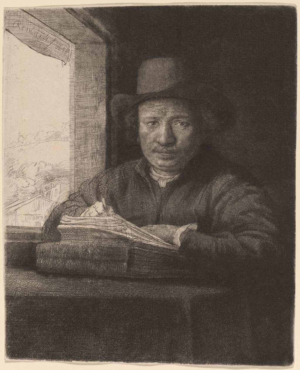 Rysowanie autoportretu w oknie autorstwa Rembrandt van Rijn