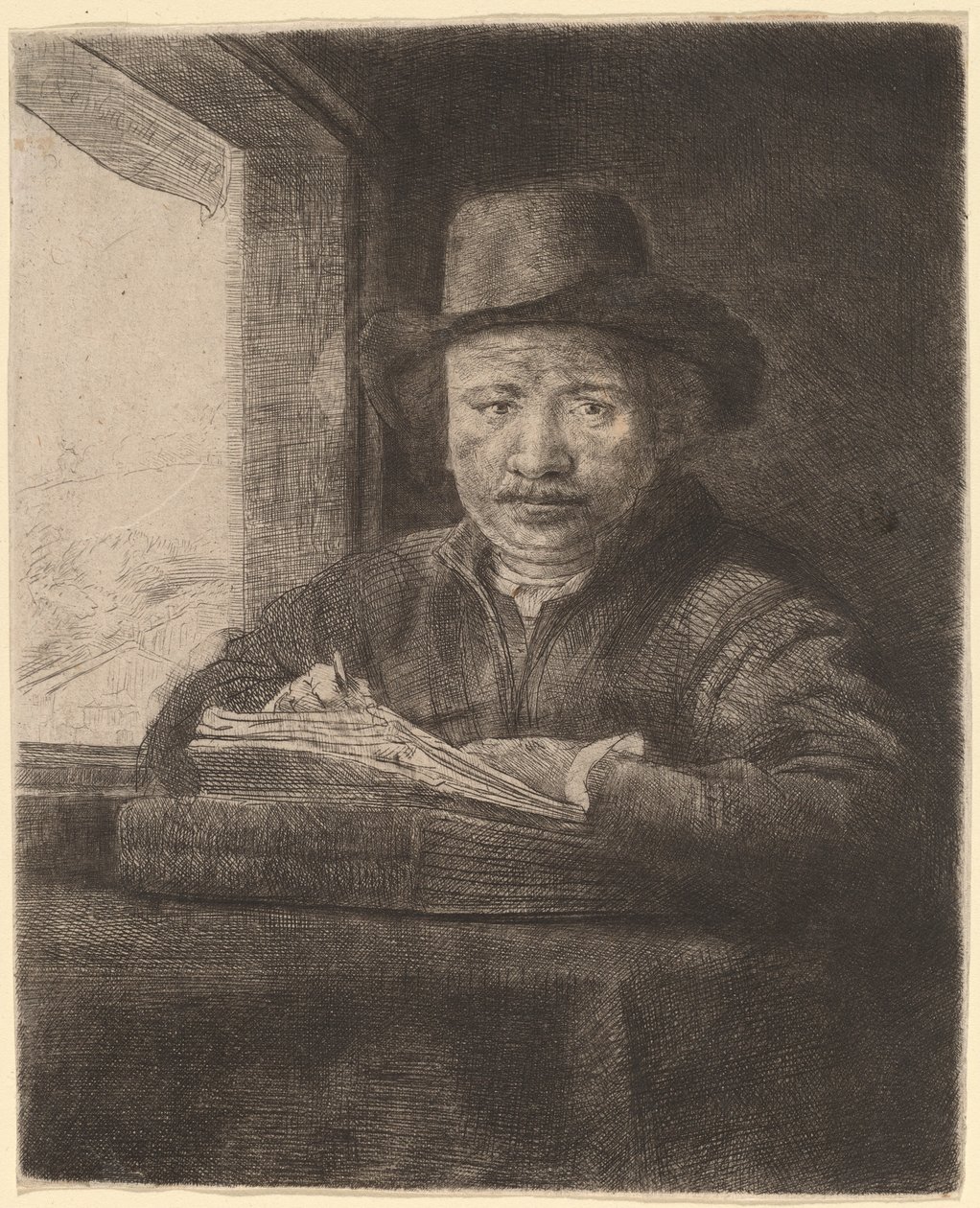 Rysowanie autoportretu w oknie autorstwa Rembrandt van Rijn