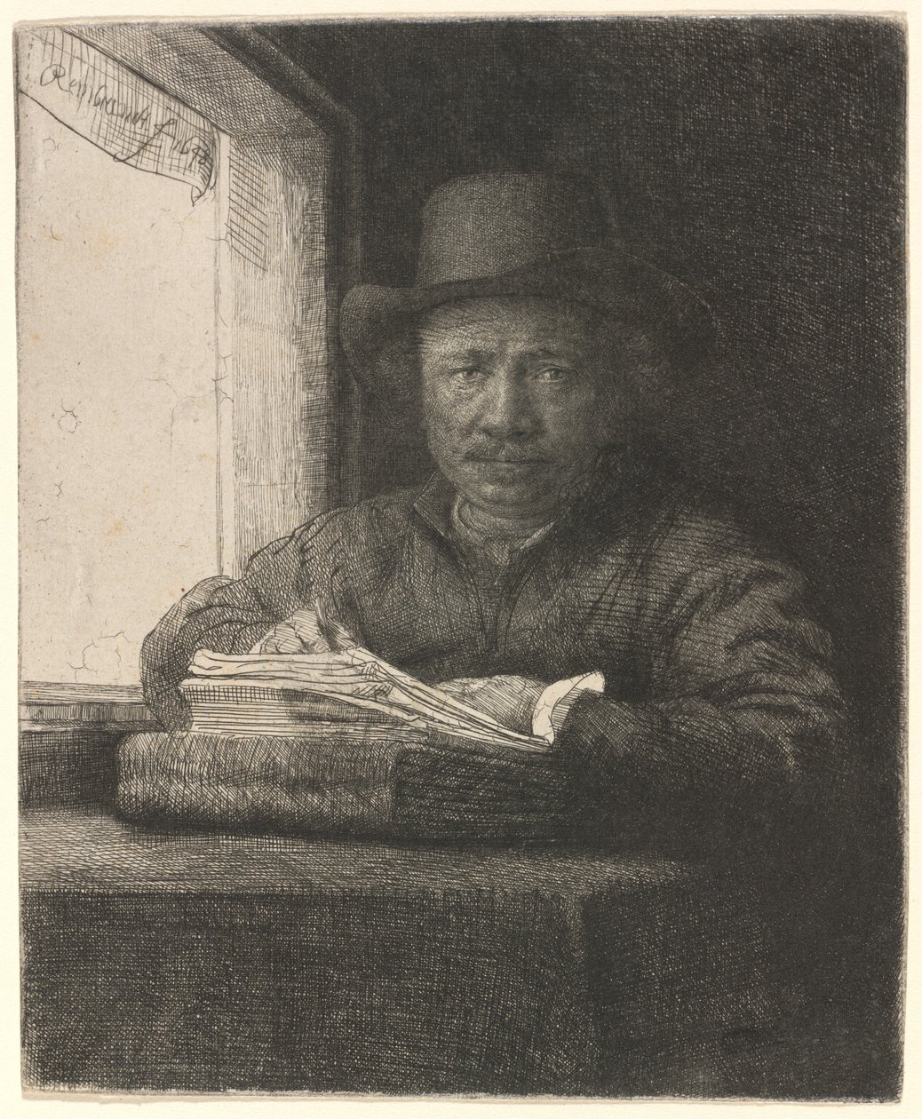 Rysowanie autoportretu w oknie autorstwa Rembrandt van Rijn