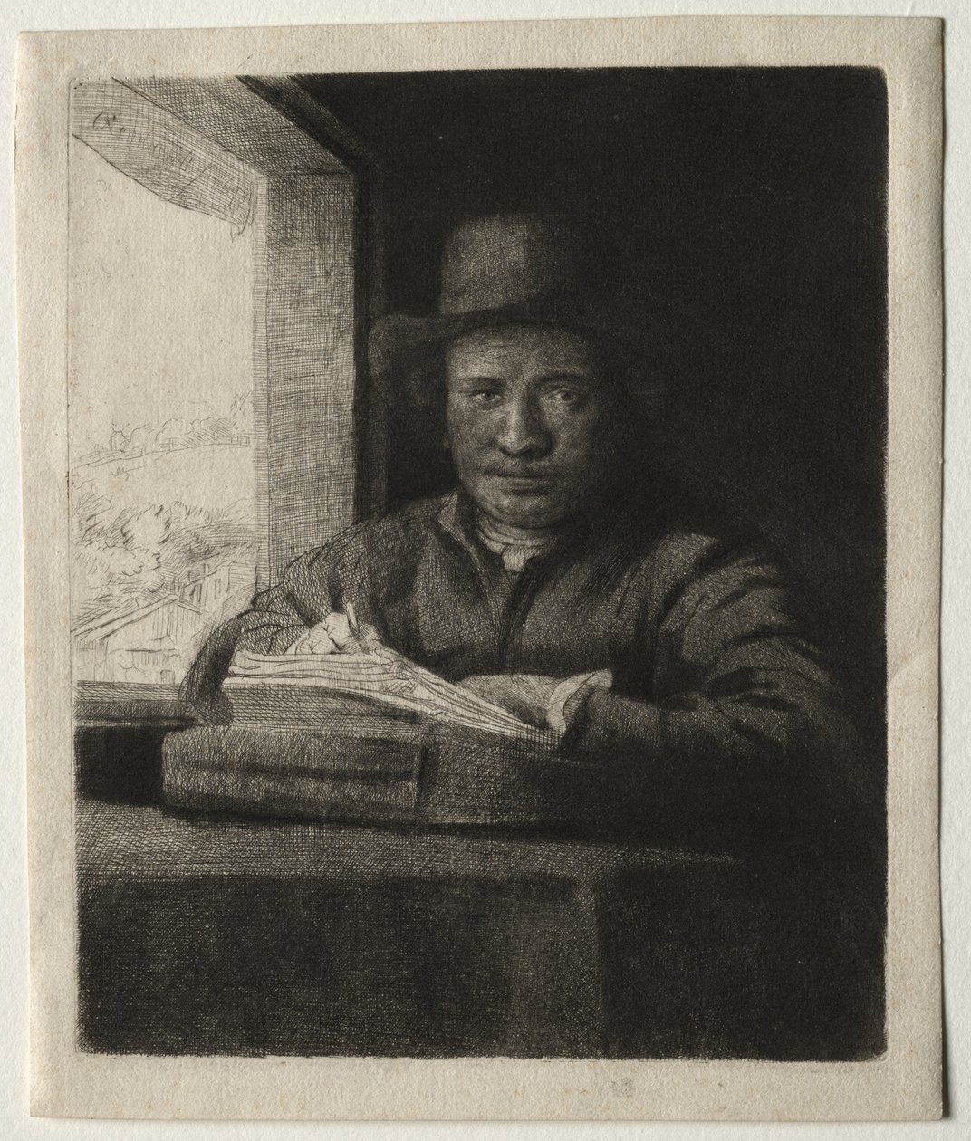 Rysowanie autoportretu w oknie autorstwa Rembrandt van Rijn
