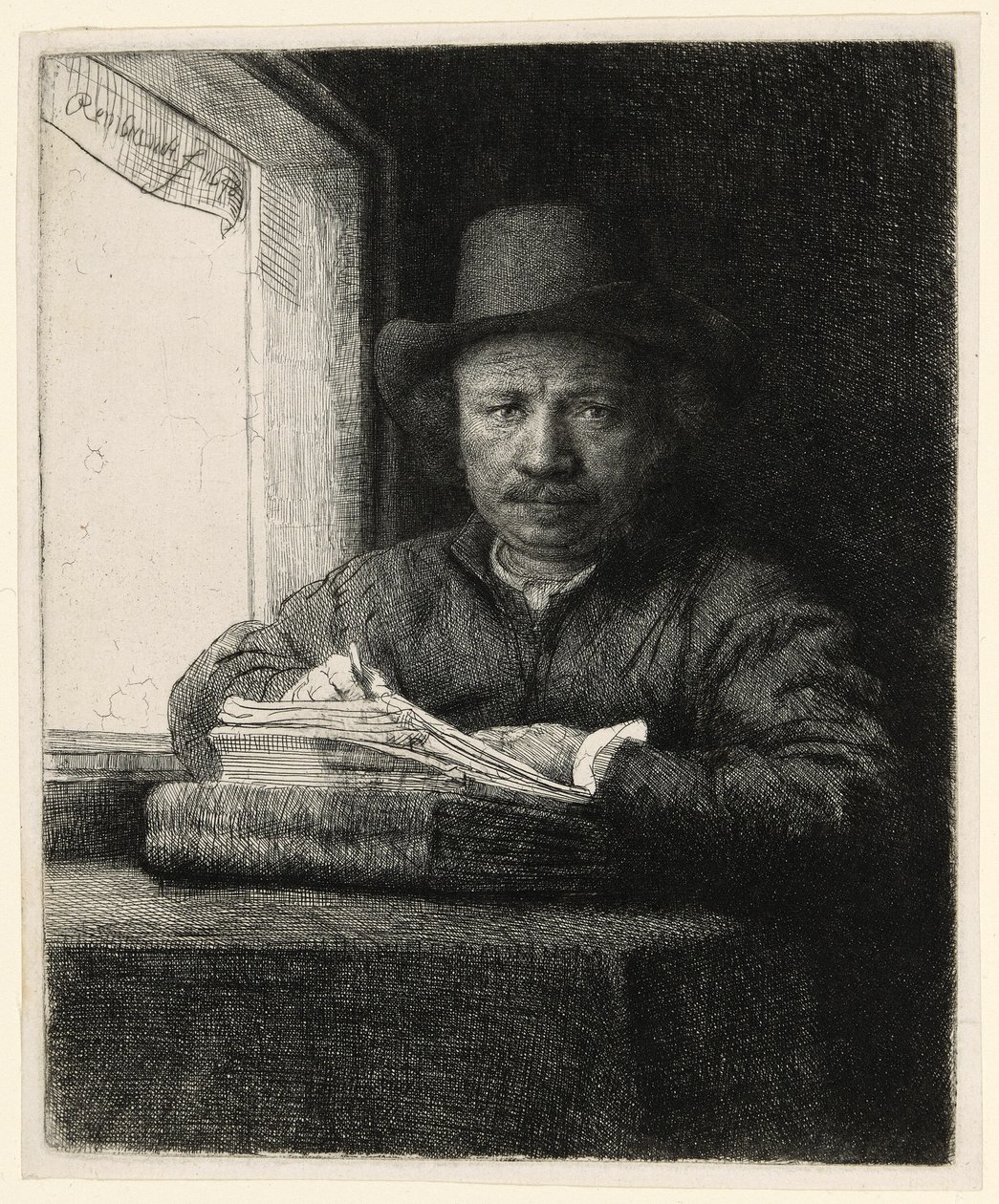 Autoportret akwaforta w oknie autorstwa Rembrandt van Rijn