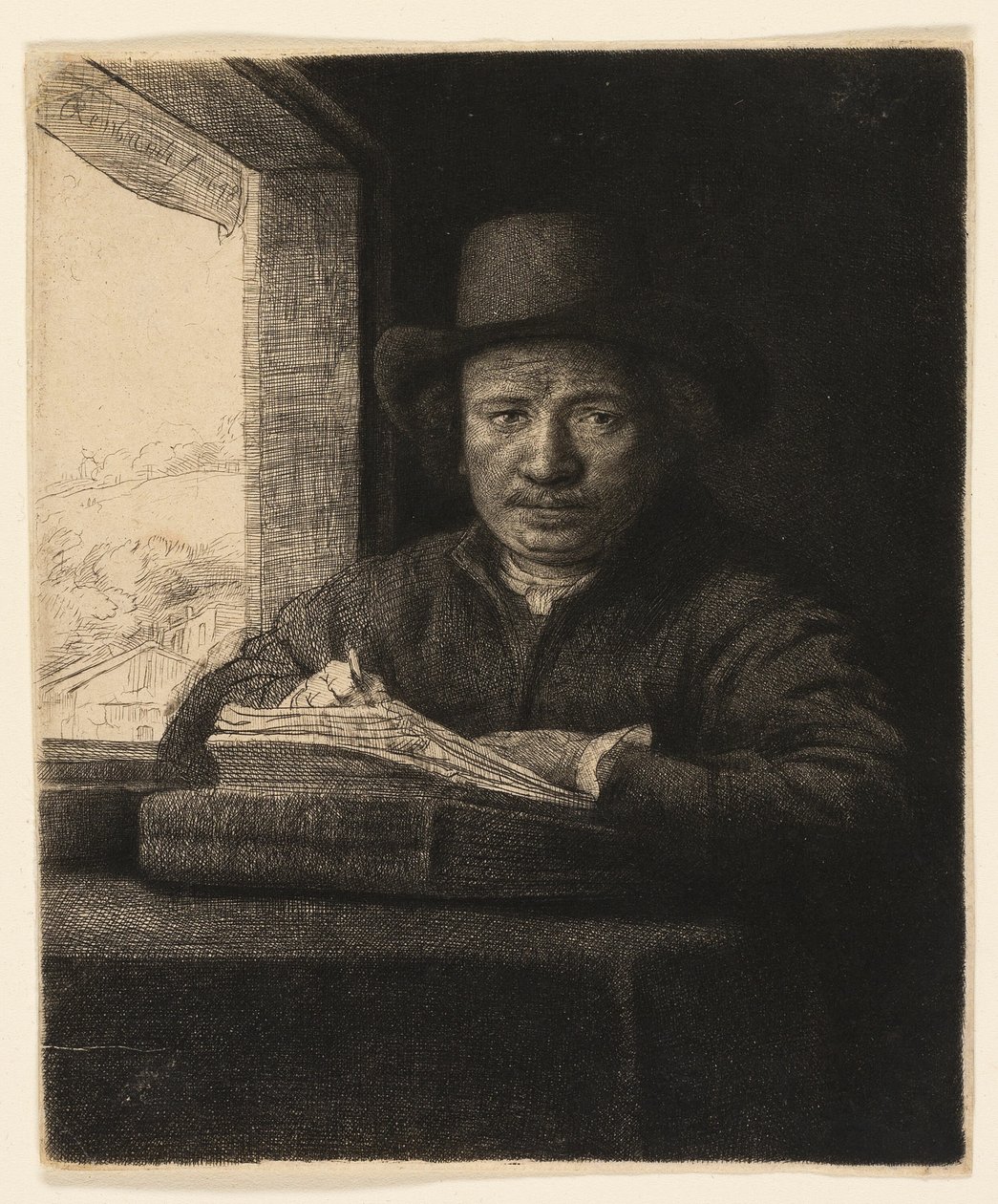 Autoportret akwaforta w oknie autorstwa Rembrandt van Rijn
