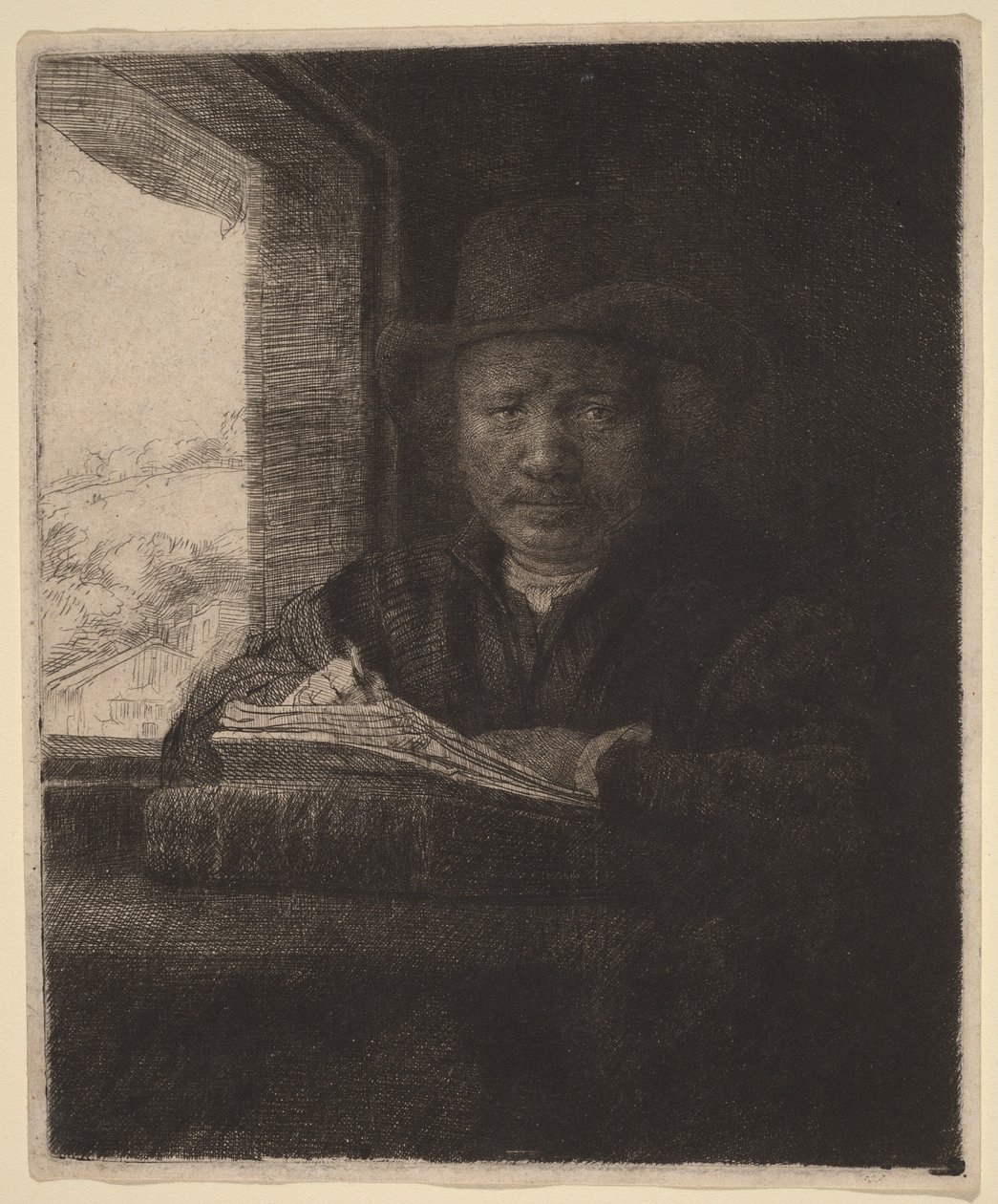Autoportret – akwaforta przy oknie autorstwa Rembrandt van Rijn