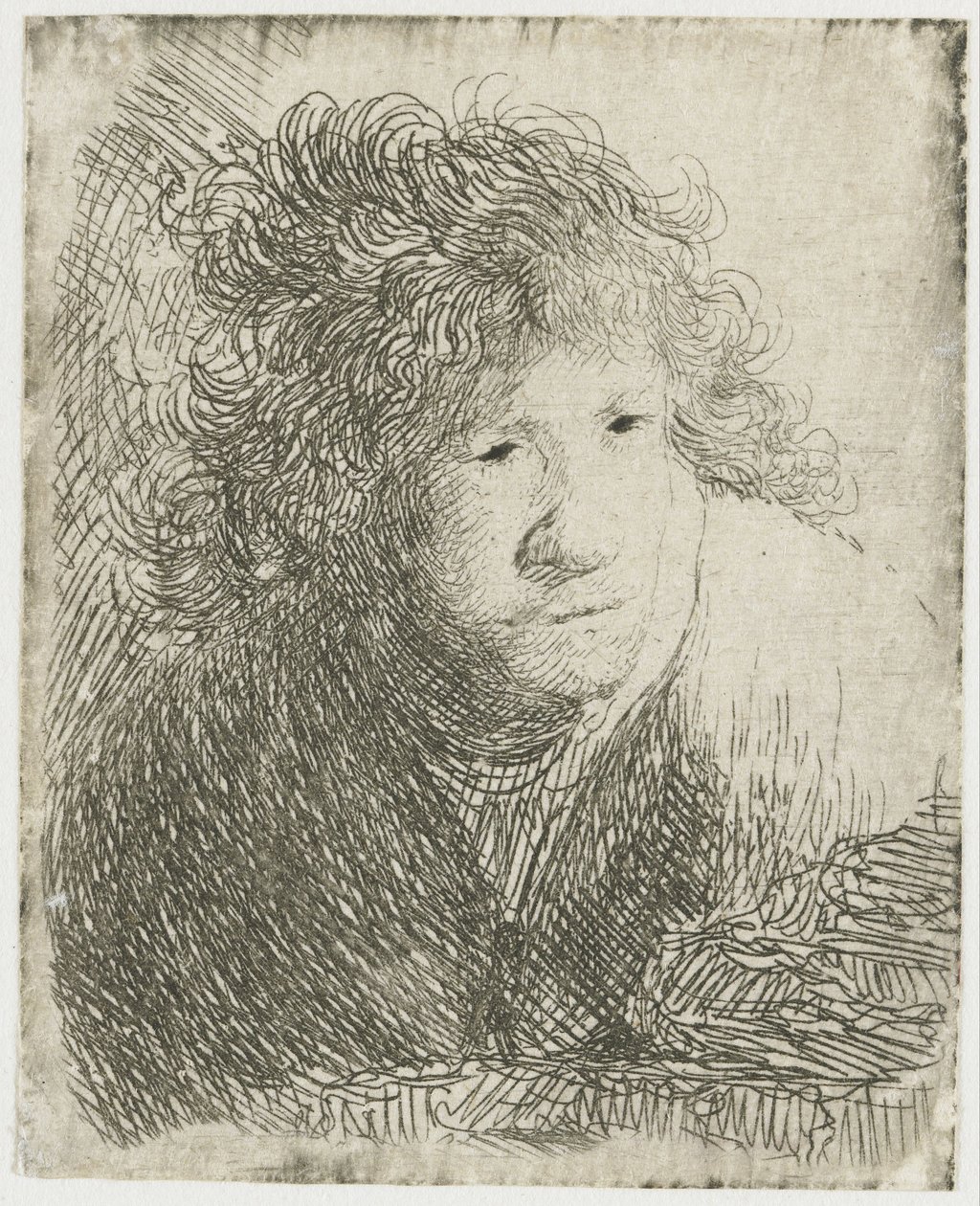 Autoportret, pochylony do przodu, słuchanie, 1628. autorstwa Rembrandt van Rijn