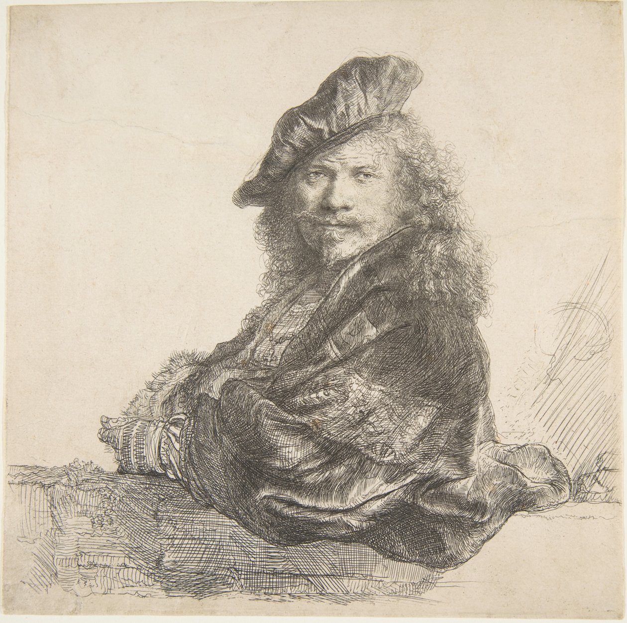 Autoportret, oparty na kamiennej ścianie, 1639. autorstwa Rembrandt van Rijn