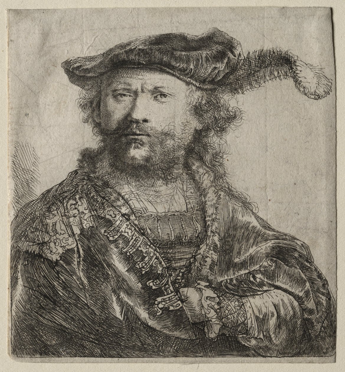 Autoportret w aksamitnej czapce z pióropuszem autorstwa Rembrandt van Rijn
