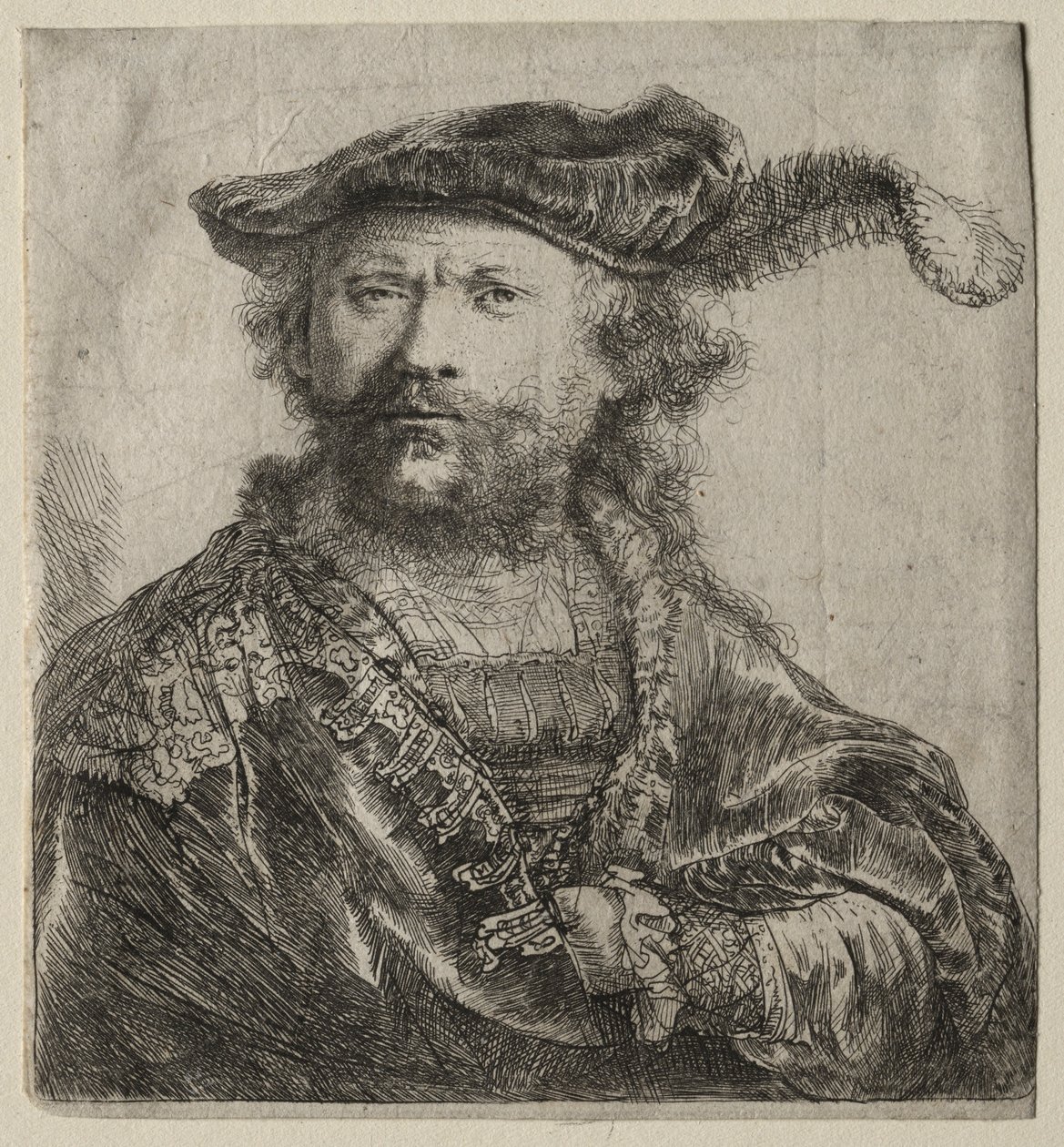 Autoportret w aksamitnej czapce z pióropuszem, 1638. autorstwa Rembrandt van Rijn