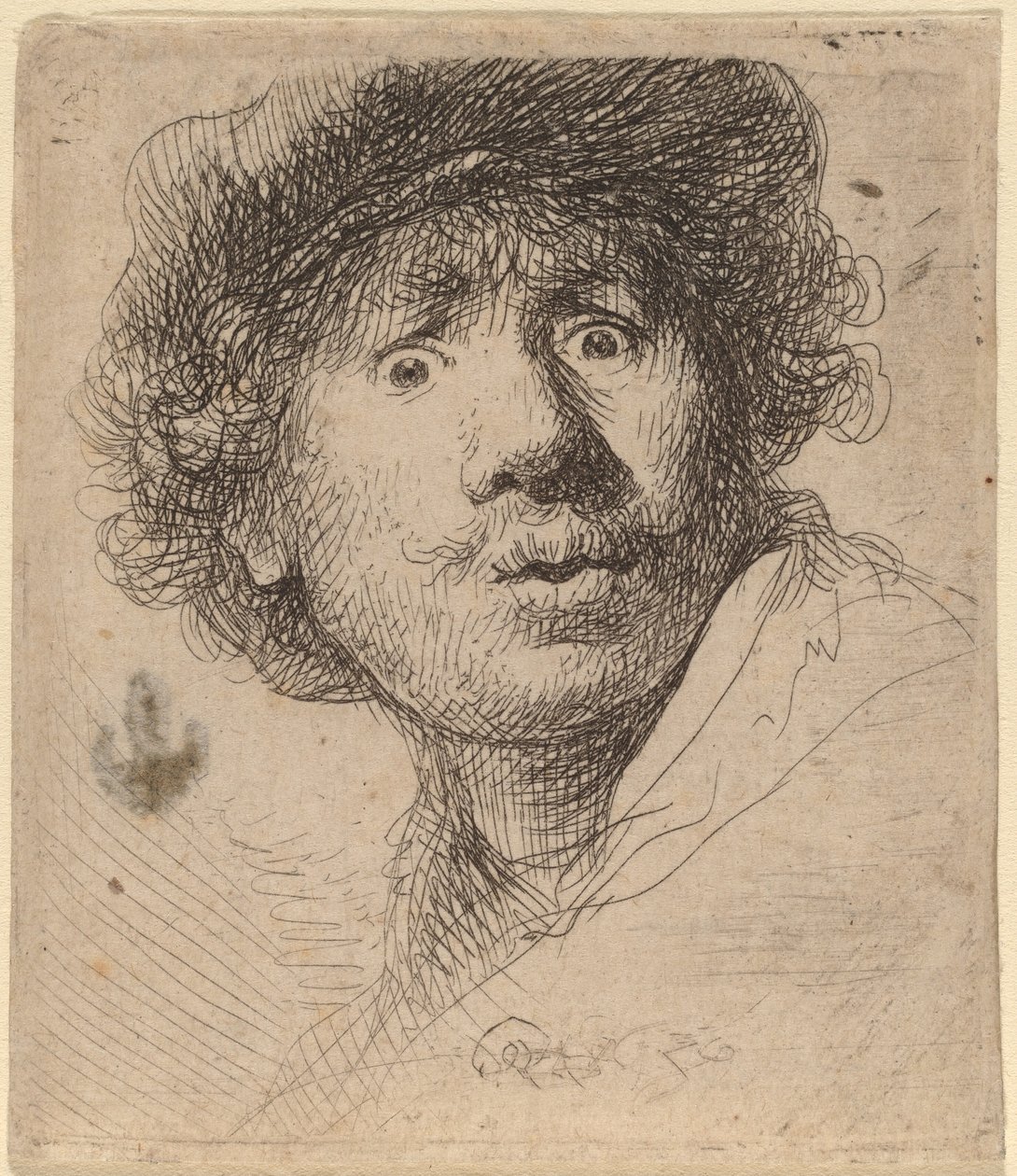 Autoportret w czapce z otwartymi ustami autorstwa Rembrandt van Rijn