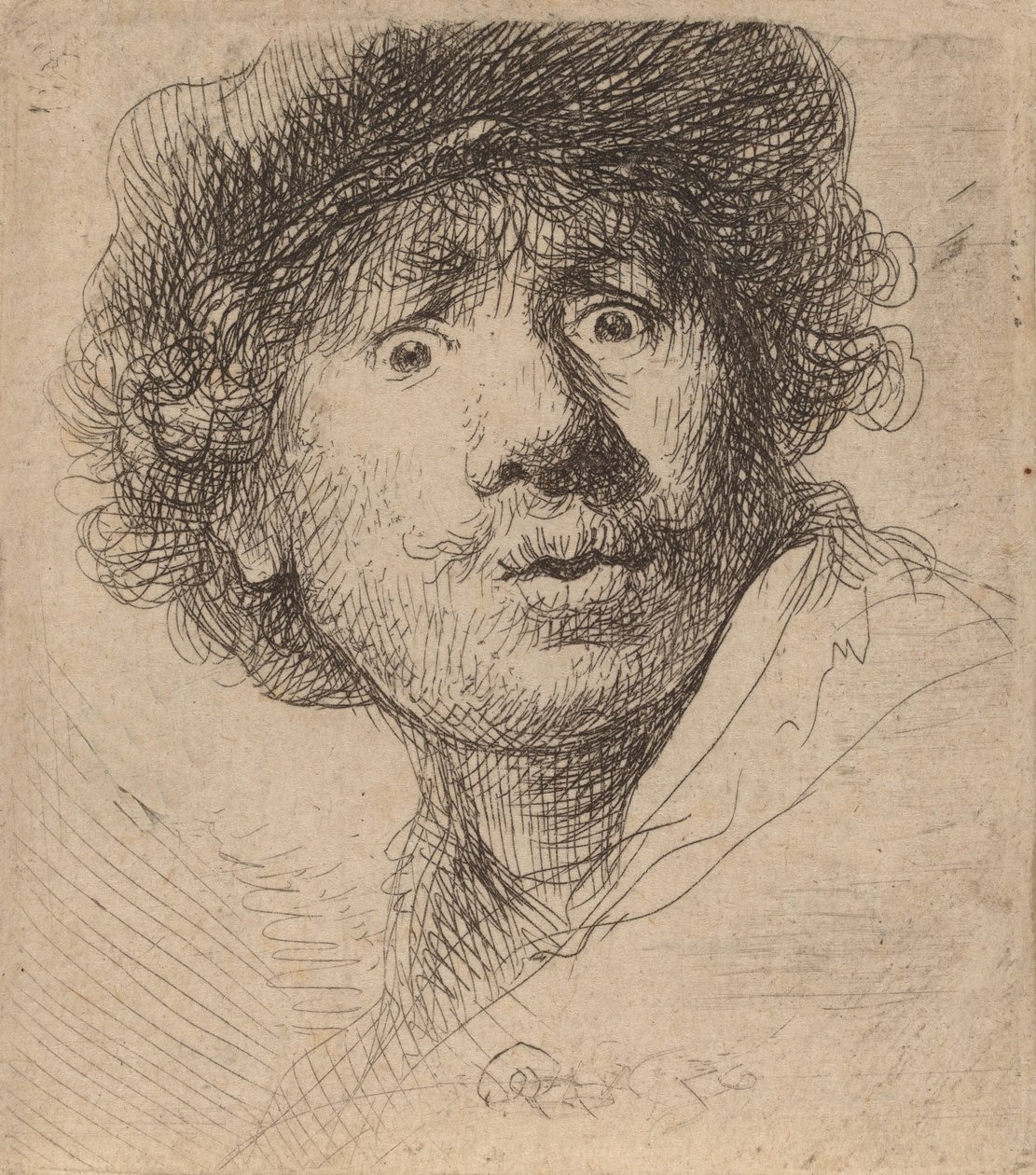 Autoportret w czapce, z otwartymi ustami, 1630. autorstwa Rembrandt van Rijn
