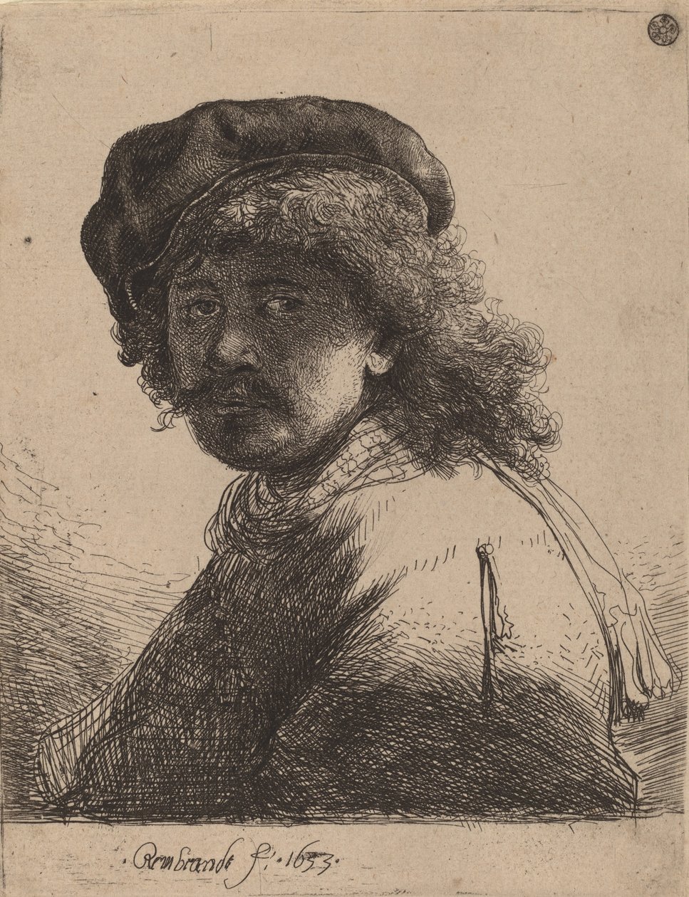 Autoportret w czapce i szaliku z ciemną twarzą, 1633. autorstwa Rembrandt van Rijn