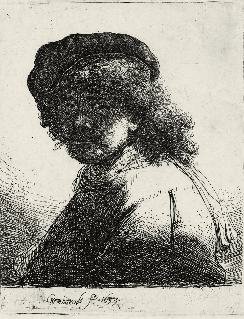 Autoportret w czapce i szaliku z ciemną twarzą, 1633 autorstwa Rembrandt van Rijn