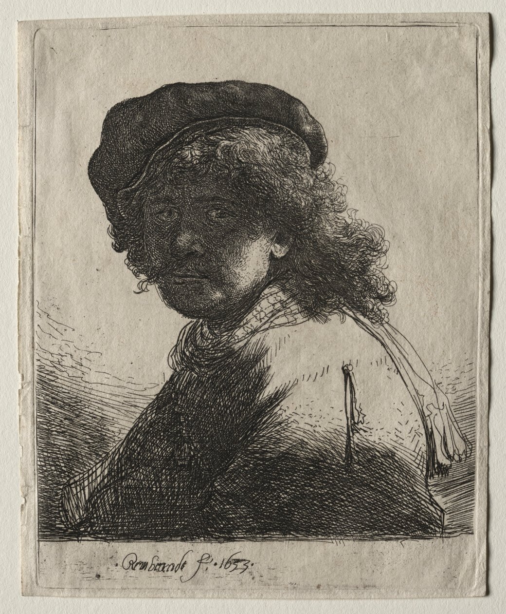 Autoportret w czapce i szaliku z ciemną twarzą: biust, 1633. autorstwa Rembrandt van Rijn
