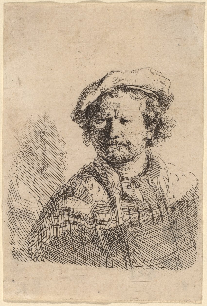 Autoportret w kaszkiecie i haftowanej sukience autorstwa Rembrandt van Rijn