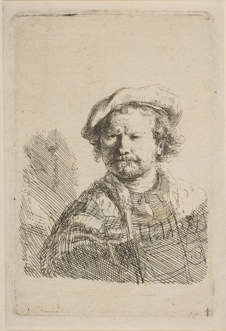 Autoportret w kaszkiecie i haftowanej sukience, ca. 1642. autorstwa Rembrandt van Rijn