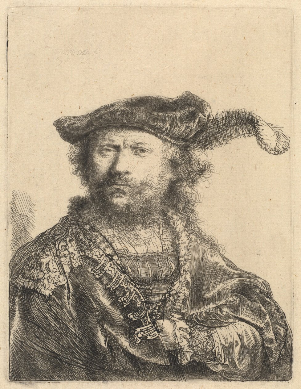 Autoportret w aksamitnej czapce z pióropuszem autorstwa Rembrandt van Rijn