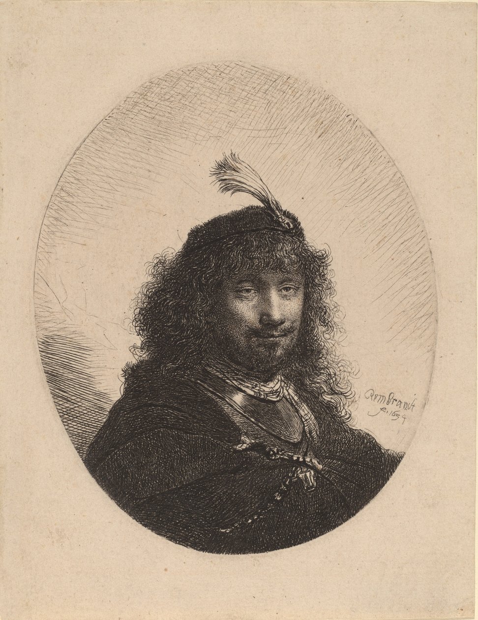 Autoportret z czapką z pióropuszem i opuszczoną szablą, 1634. autorstwa Rembrandt van Rijn