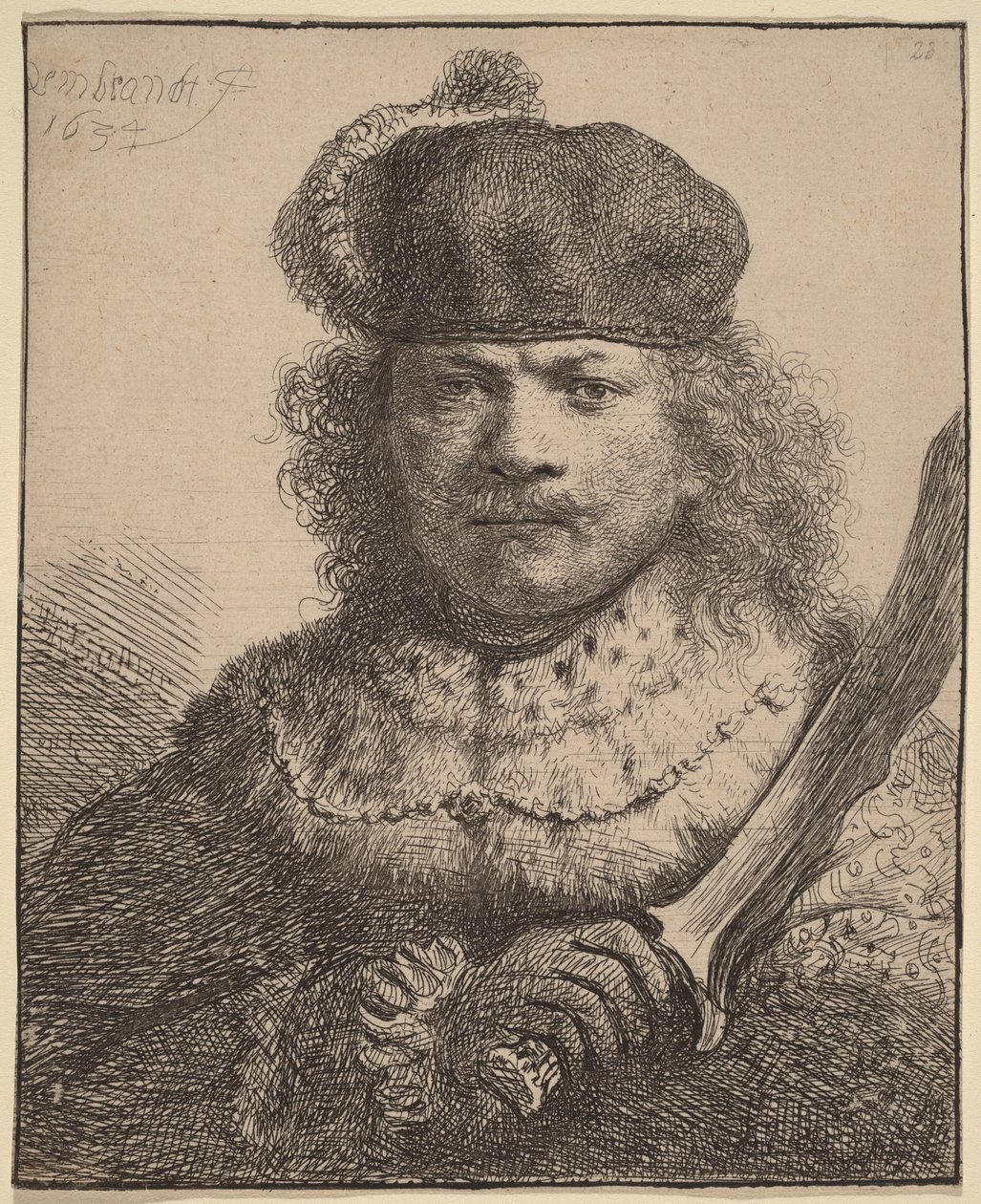 Autoportret z uniesioną szablą autorstwa Rembrandt van Rijn