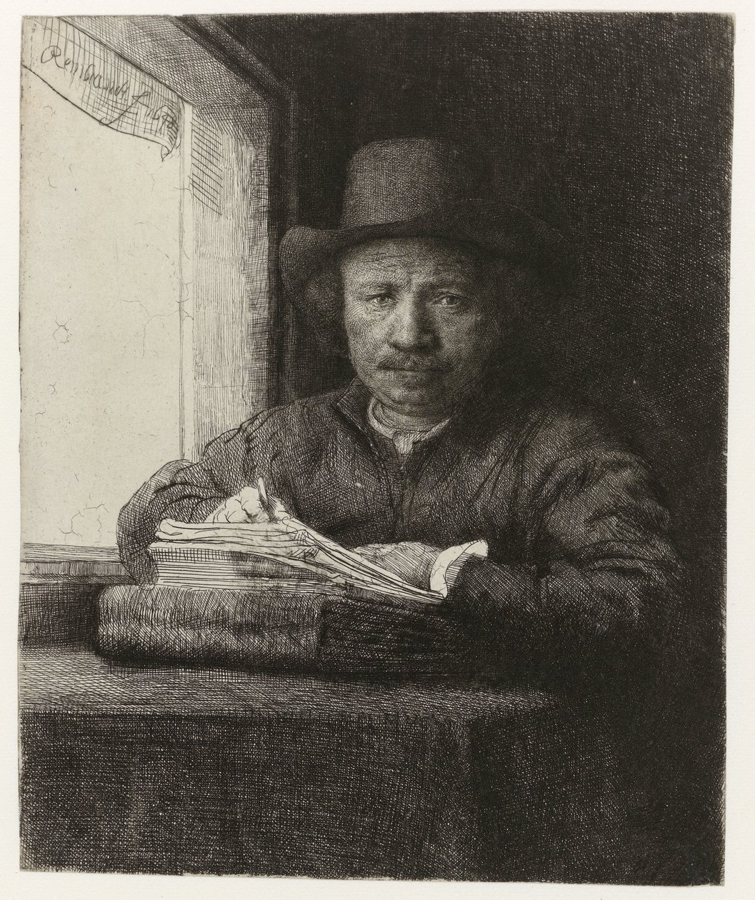 Autoportret, akwaforta w oknie Akwaforta autoportretu w oknie autorstwa Rembrandt van Rijn