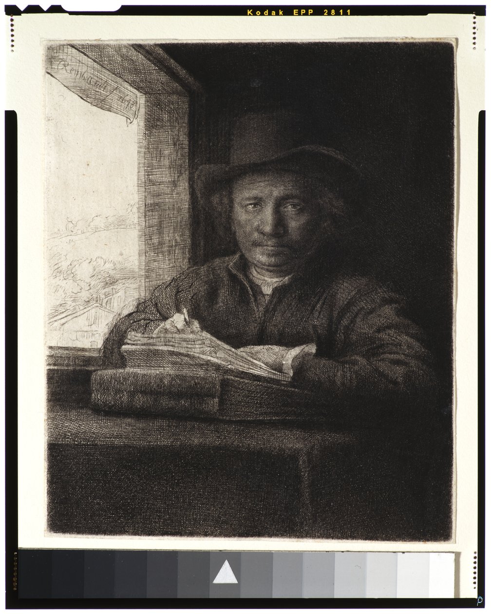 Autoportret, akwaforta przy oknie, 1648 (akwaforta i rycina na papierze kładzionym) autorstwa Rembrandt van Rijn