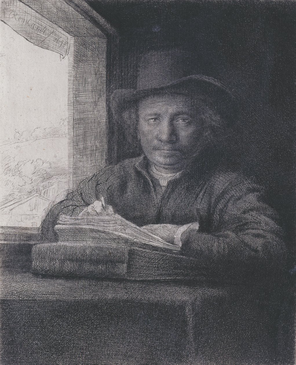 Autoportret, akwaforta na oknie, 1648 (akwaforta i grawer na papierze czerpanym) autorstwa Rembrandt van Rijn