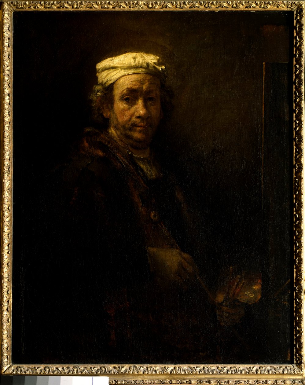 Autoportret przy sztalugach. Obraz Rembrandta Harmenszoon van Rijn dit Rembrandt (1606-1669) Ec. Dziurawy. autorstwa Rembrandt van Rijn