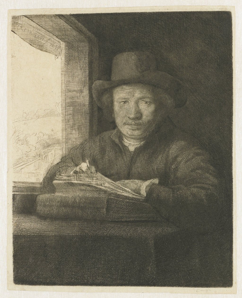 Akwaforta autoportretu w oknie autorstwa Rembrandt van Rijn