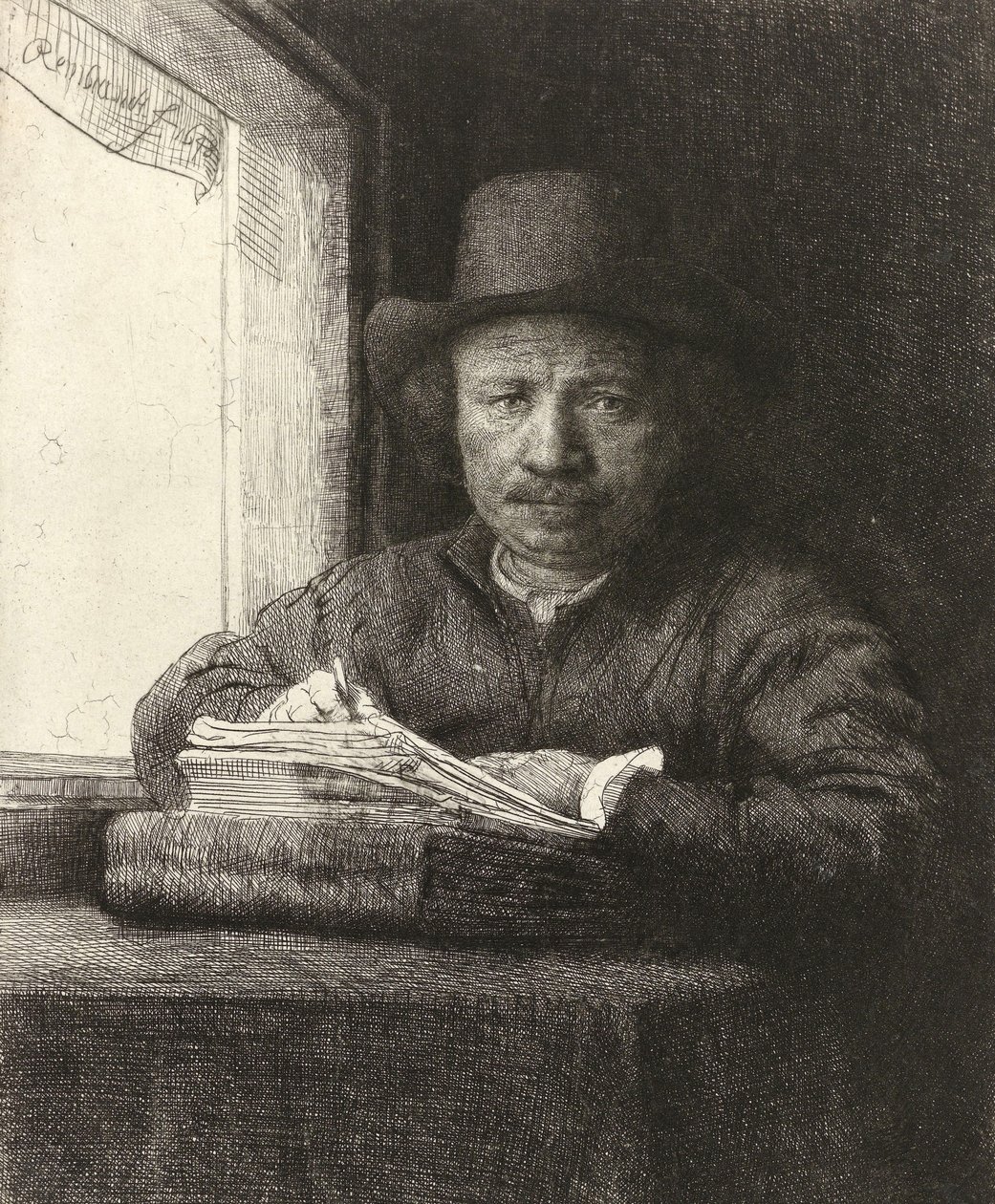 Akwaforta autoportret na oknie, 1648 autorstwa Rembrandt van Rijn