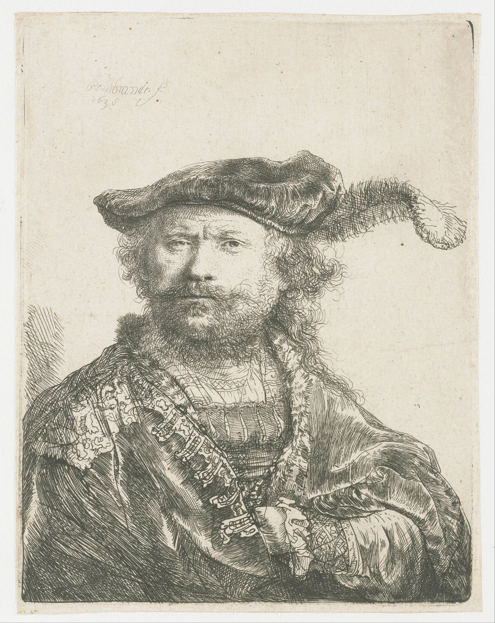 Autoportret w aksamitnej czapce z pióropuszem Autoportret w aksamitnej czapce z pióropuszem autorstwa Rembrandt van Rijn