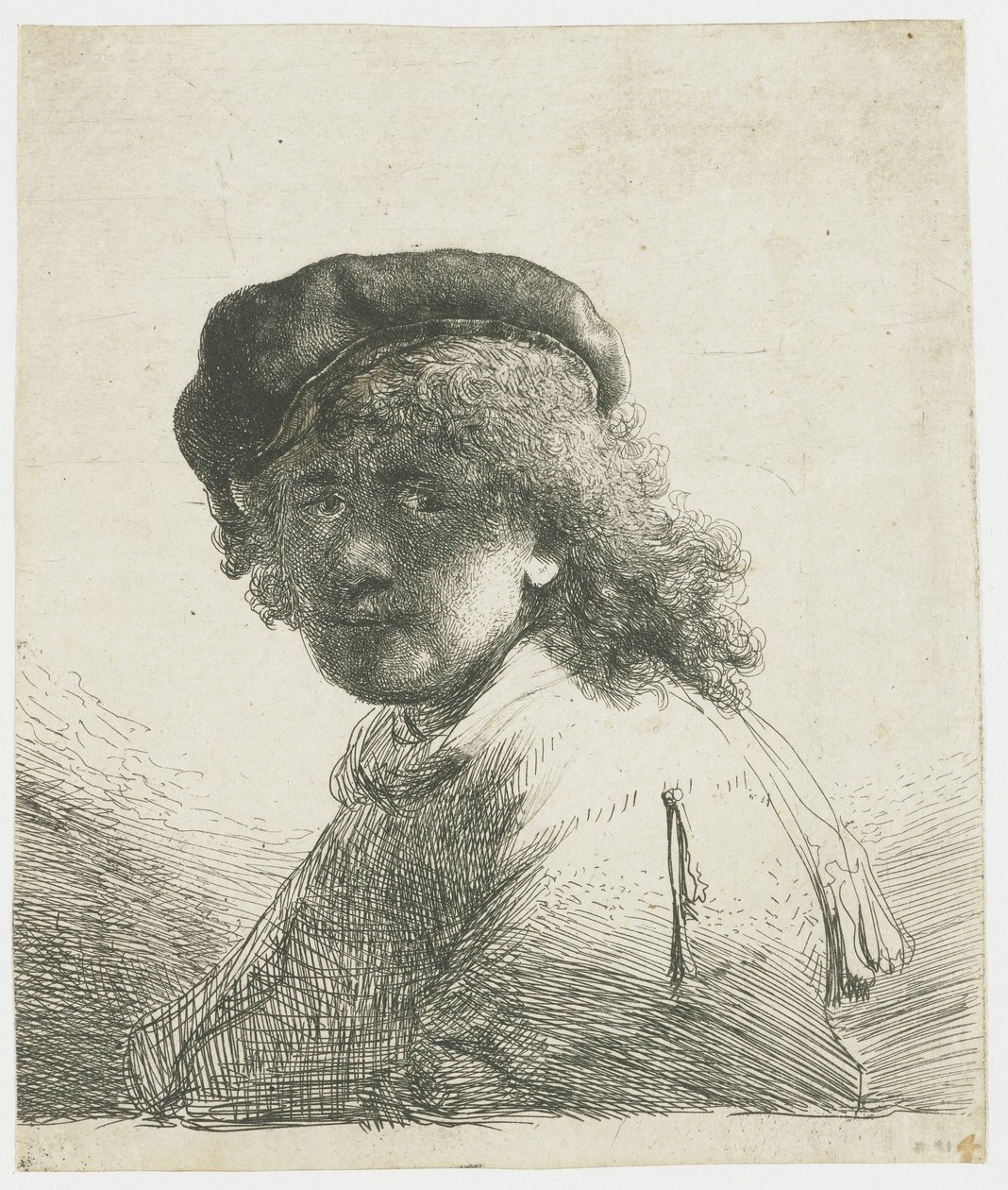 Autoportret w czapce i szaliku z ciemną twarzą: biust autorstwa Rembrandt van Rijn