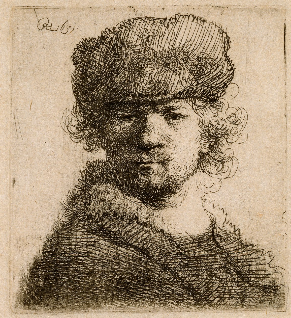Autoportret w ciężkiej futrzanej czapce: biust, 1631. autorstwa Rembrandt van Rijn