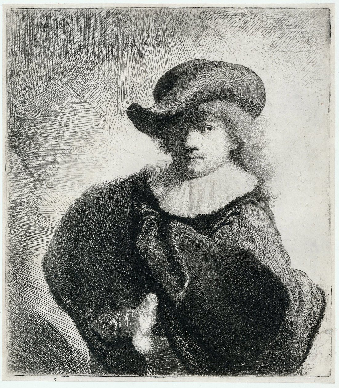 Autoportret w miękkim kapeluszu i haftowanym płaszczu, 1631. autorstwa Rembrandt van Rijn