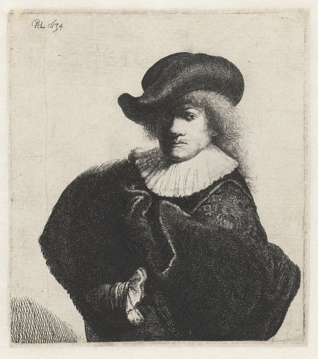 Autoportret w miękkim kapeluszu i haftowanym płaszczu, 1634. autorstwa Rembrandt van Rijn
