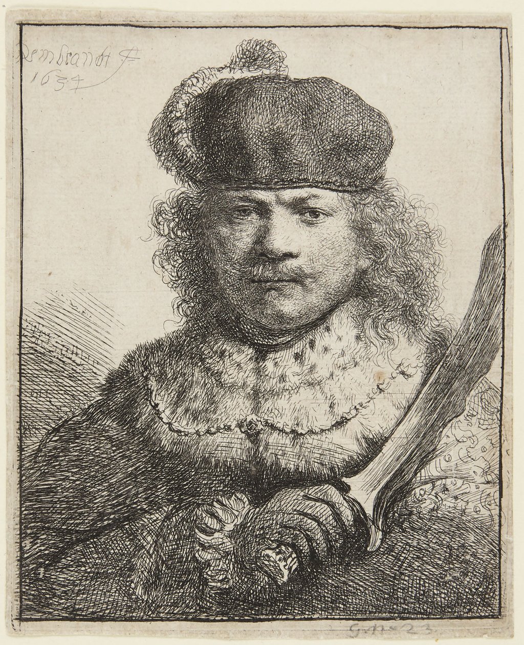 Autoportret z uniesioną szablą autorstwa Rembrandt van Rijn