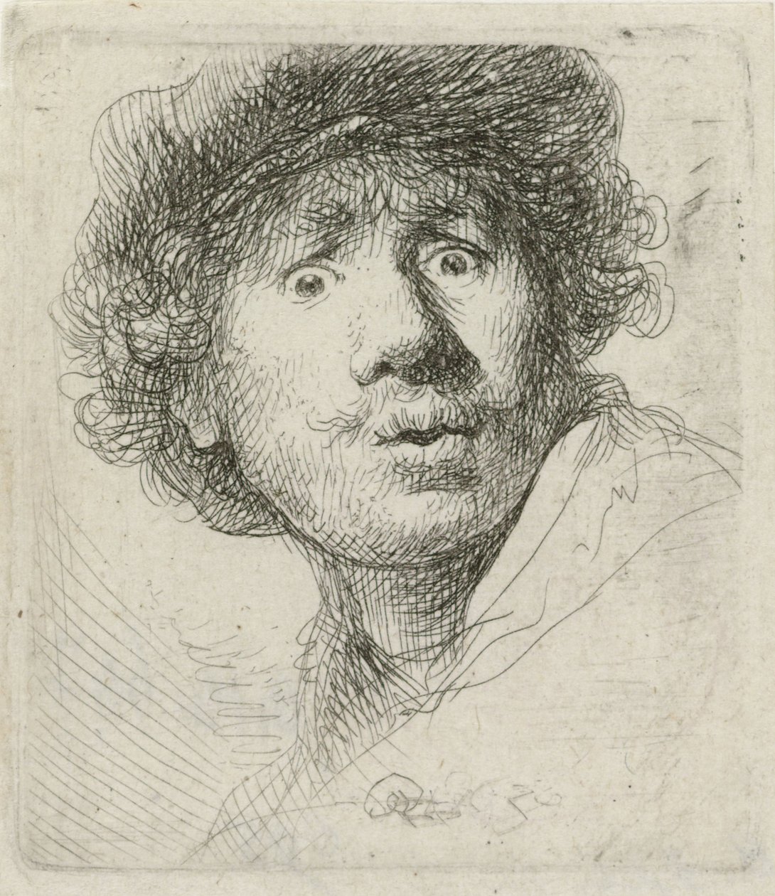 Autoportret z beretem i szeroko otwartymi oczami, 1630 autorstwa Rembrandt van Rijn