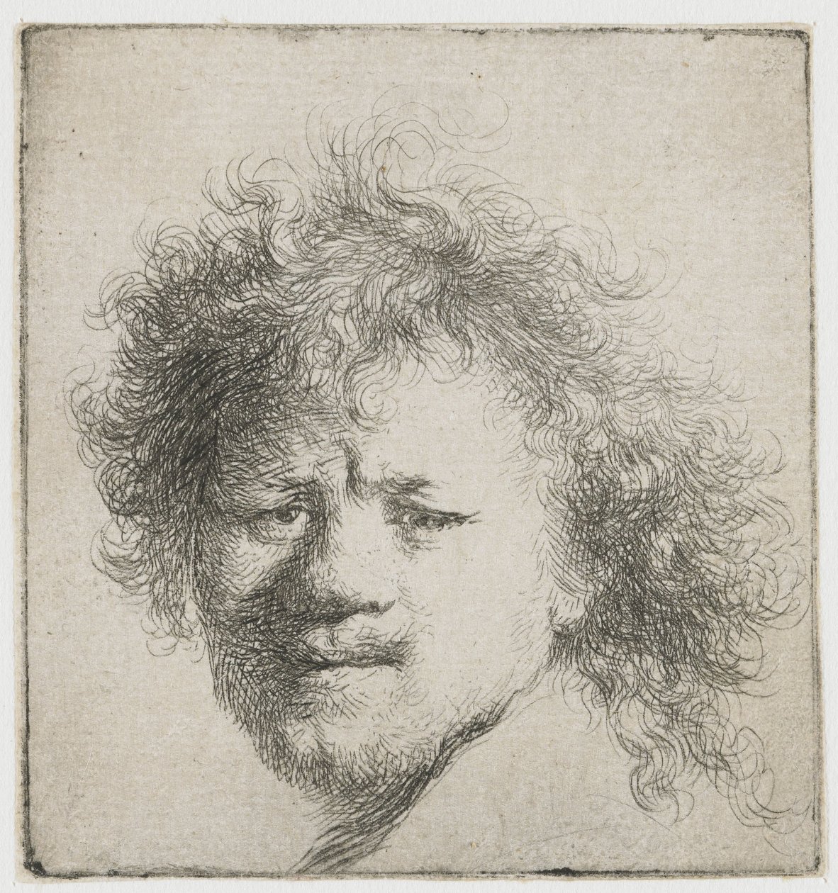 Autoportret z długimi, krzaczastymi włosami: tylko głowa autorstwa Rembrandt van Rijn