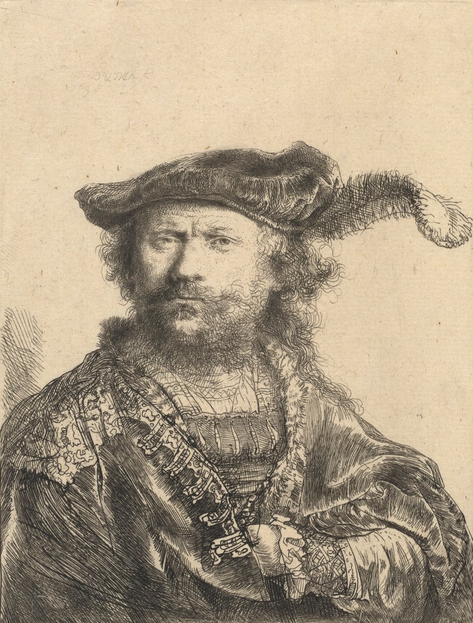 Autoportret w aksamitnej czapce z pióropuszem, 1638 autorstwa Rembrandt van Rijn