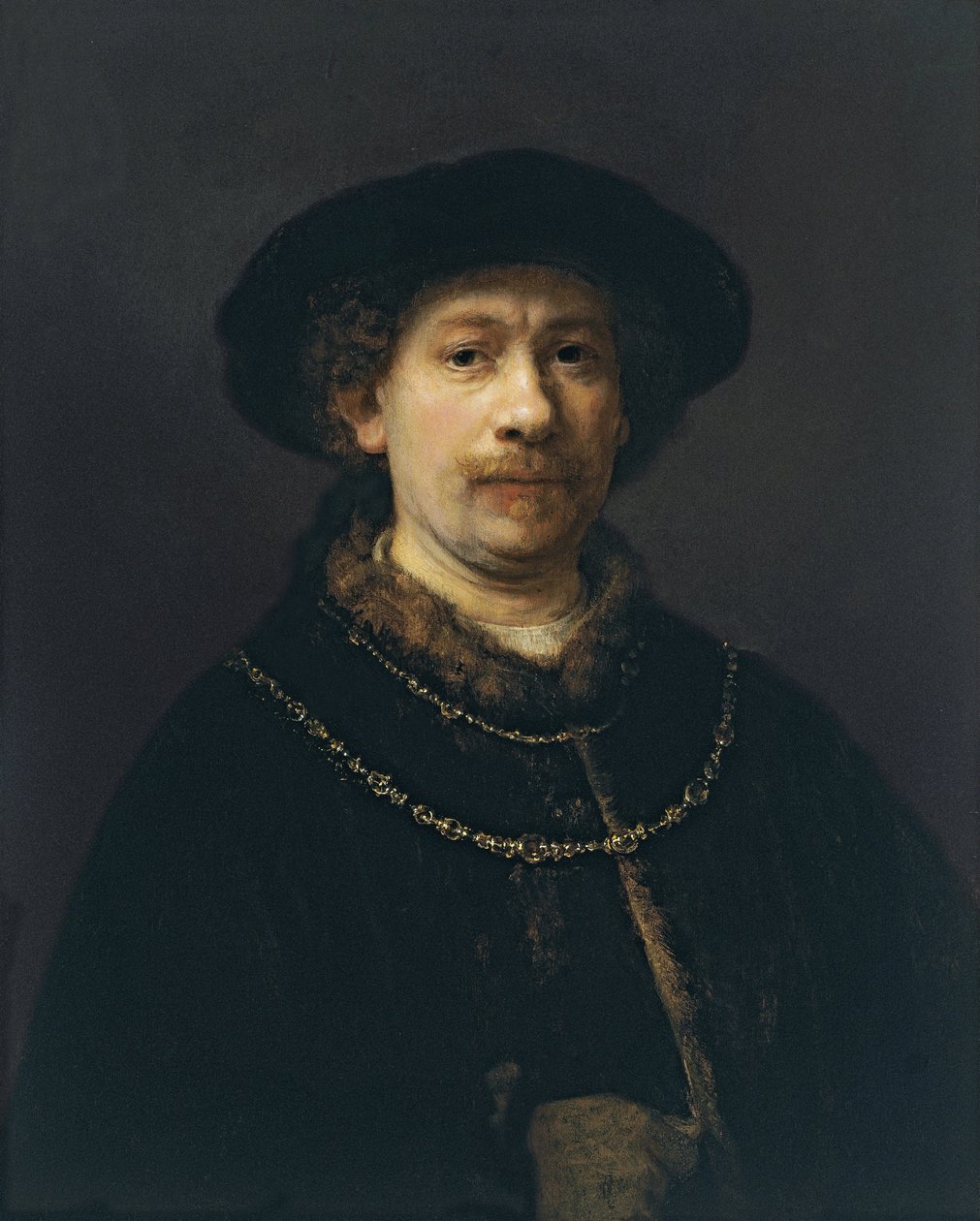 Autoportret z beretem i dwoma złotymi łańcuchami, ok. 1642 autorstwa Rembrandt van Rijn